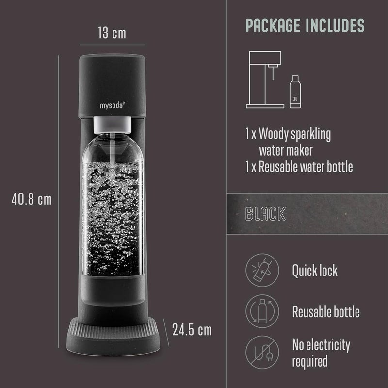 Mysoda Woody Sparkling Water Maker - Soda Streaming Machine Silent Carbonated Water Machine Robust Long-Lasting Aluminium Soda Maker 1L Water Bottle Without CO2 Cylinder - Black Soda Machine - Image 5